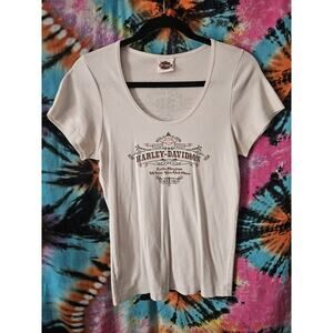Harley-Davidson White T-Shirt Scoop Neck Size Large Biker Y2K Motorcycle